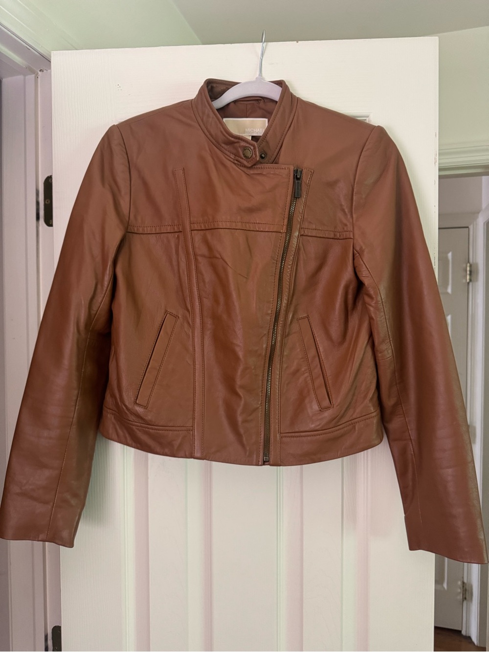 Michael Kors Cognac Leather Asymmetric Zip Jacket